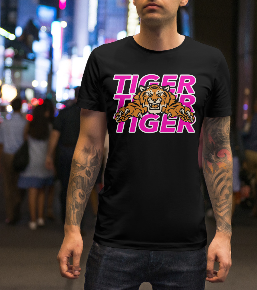 Tiger Tiger Tiger Bold Pink Letters Fierce Tiger Head T-Shirt