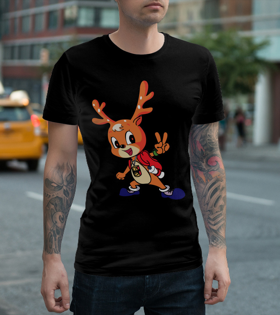 Cheerful Deer Peace Gesture Backpacker Cartoon T-Shirt