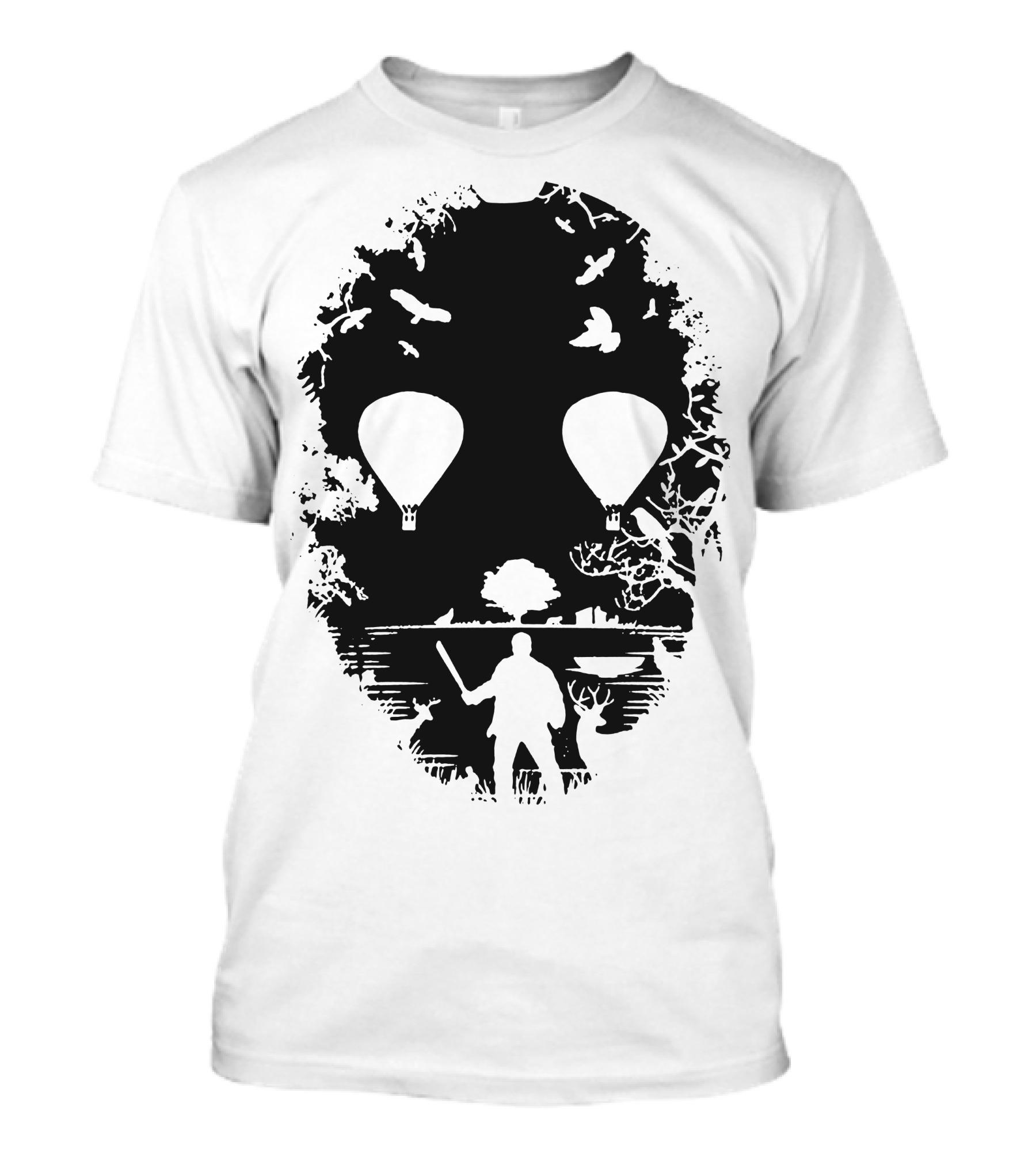 Crystal Lake Jason Mask Forest Silhouette With Hot Air Balloons T-Shirt