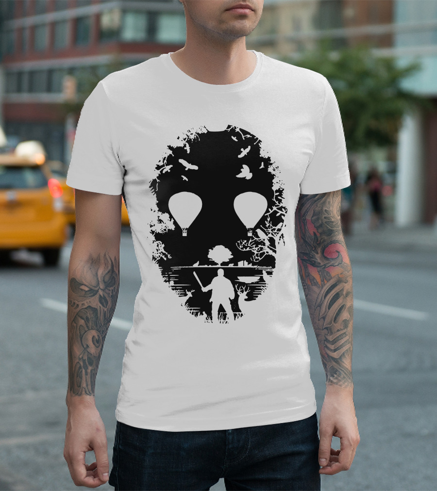 Crystal Lake Jason Mask Forest Silhouette With Hot Air Balloons T-Shirt