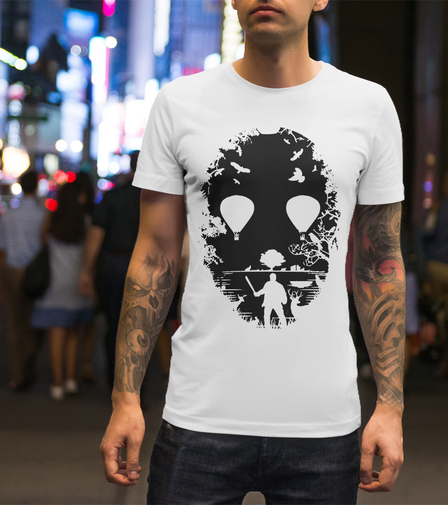 Crystal Lake Jason Mask Forest Silhouette With Hot Air Balloons T-Shirt