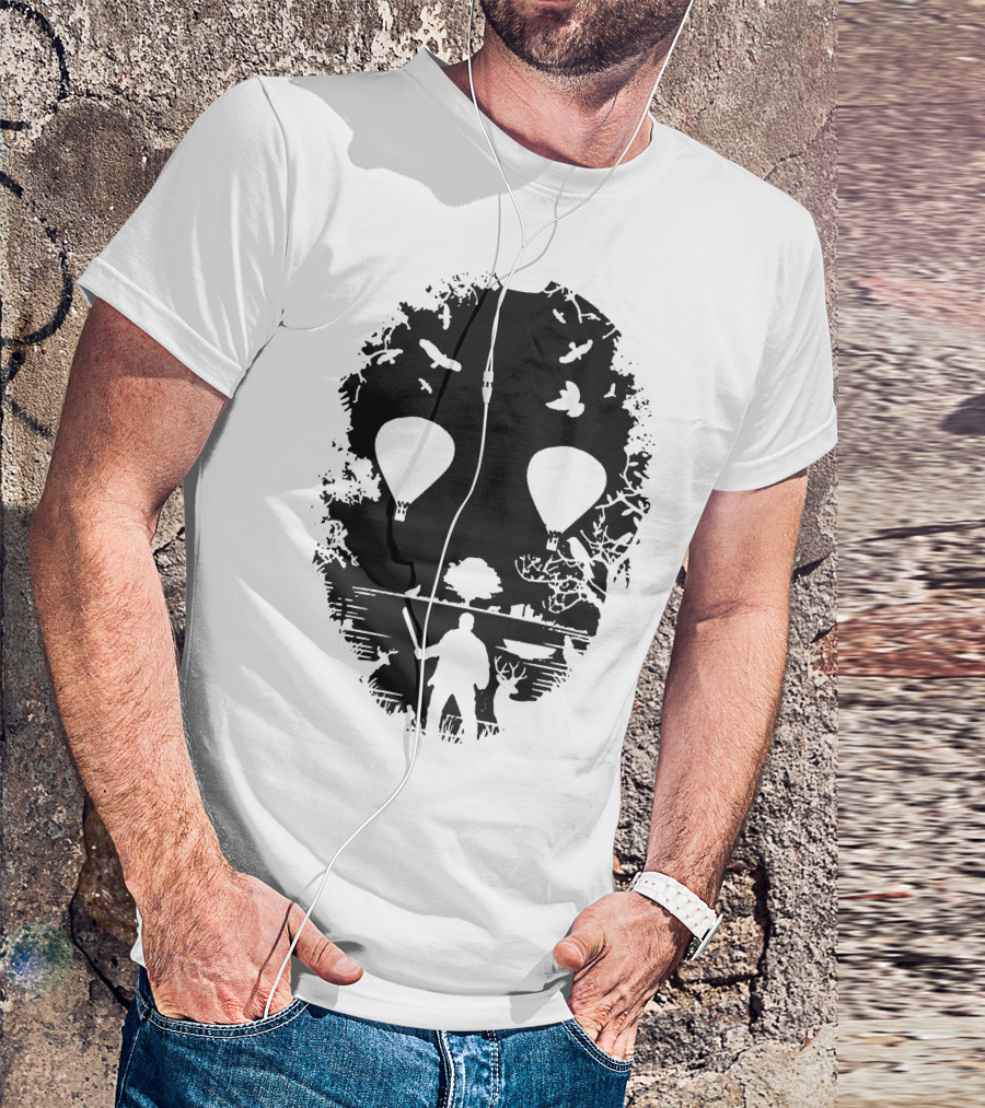 Crystal Lake Jason Mask Forest Silhouette With Hot Air Balloons T-Shirt