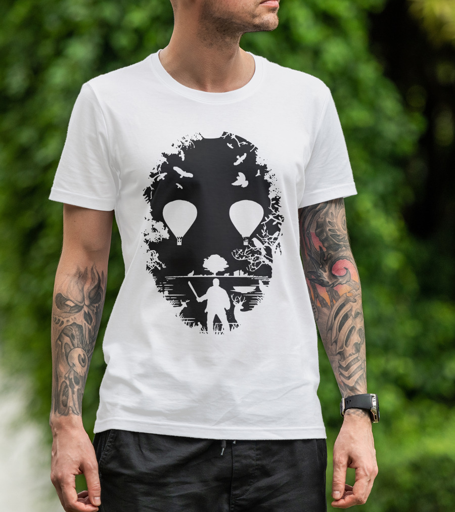 Crystal Lake Jason Mask Forest Silhouette With Hot Air Balloons T-Shirt