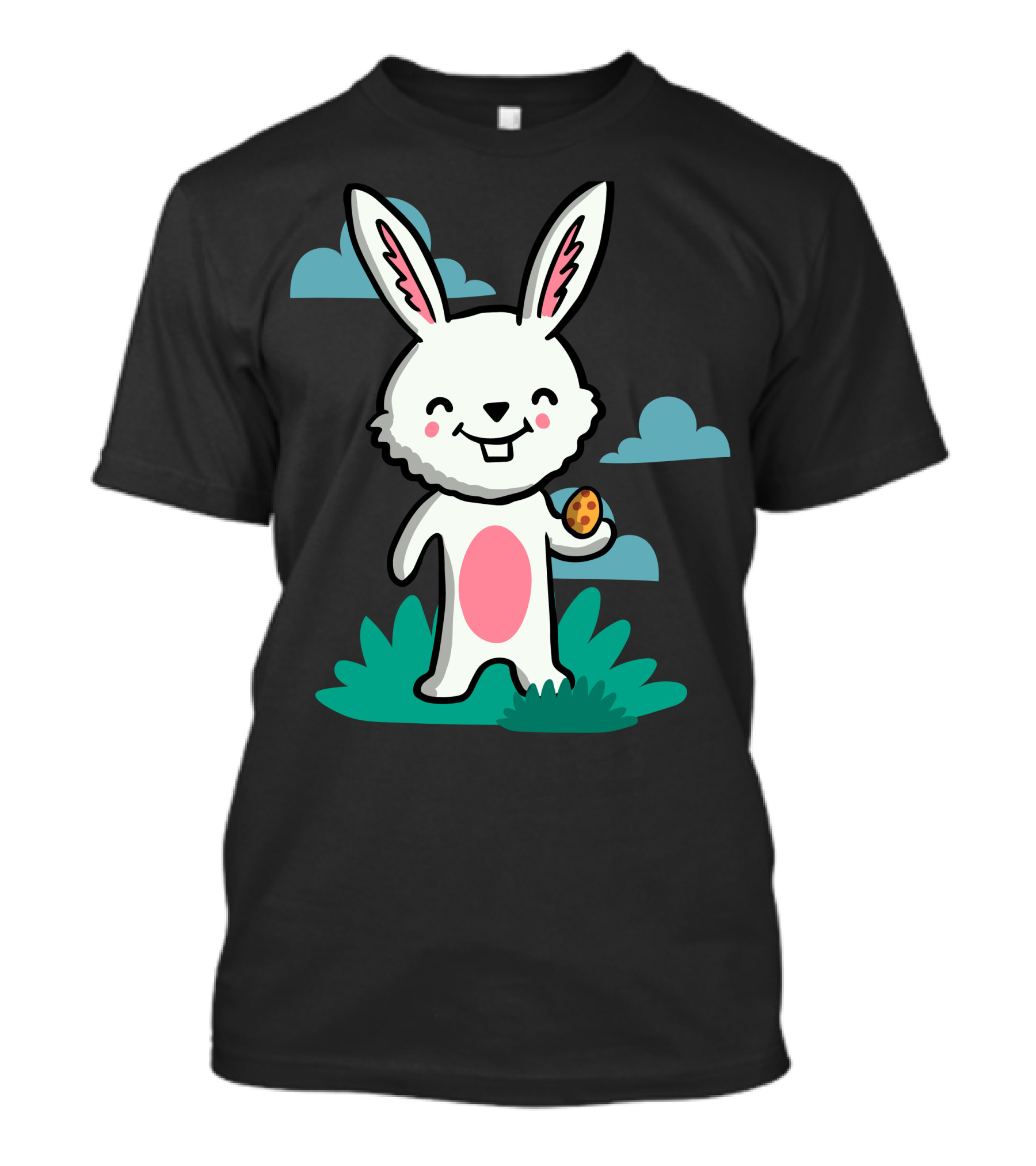 Cute Bunny With Easter Egg In Hand On Grass With Clouds T-Shirt
