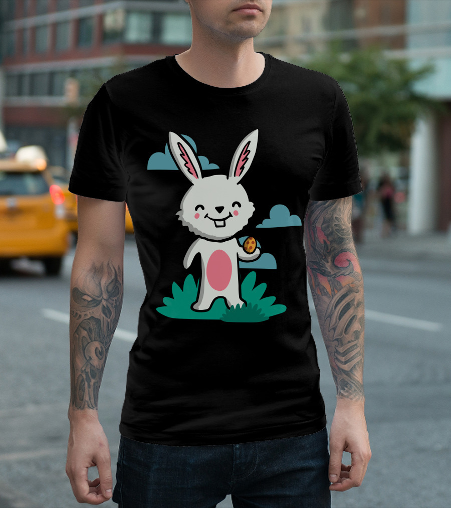 Cute Bunny With Easter Egg In Hand On Grass With Clouds T-Shirt