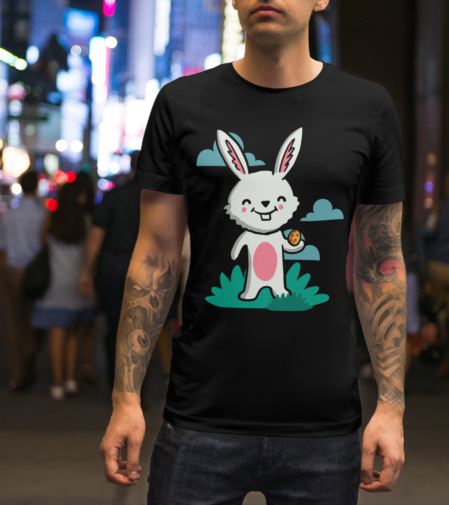 Cute Bunny With Easter Egg In Hand On Grass With Clouds T-Shirt