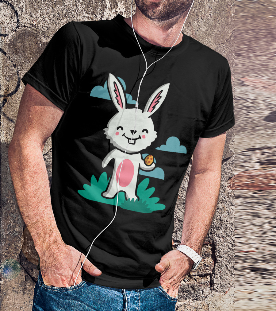 Cute Bunny With Easter Egg In Hand On Grass With Clouds T-Shirt