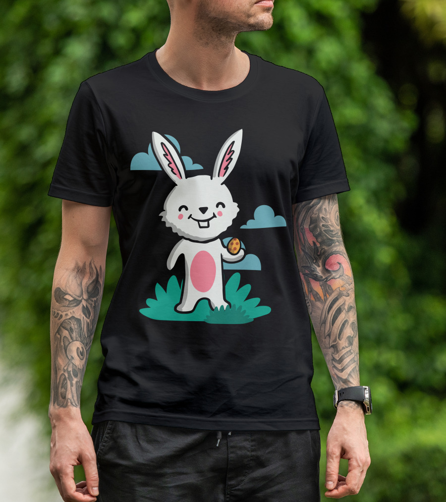 Cute Bunny With Easter Egg In Hand On Grass With Clouds T-Shirt