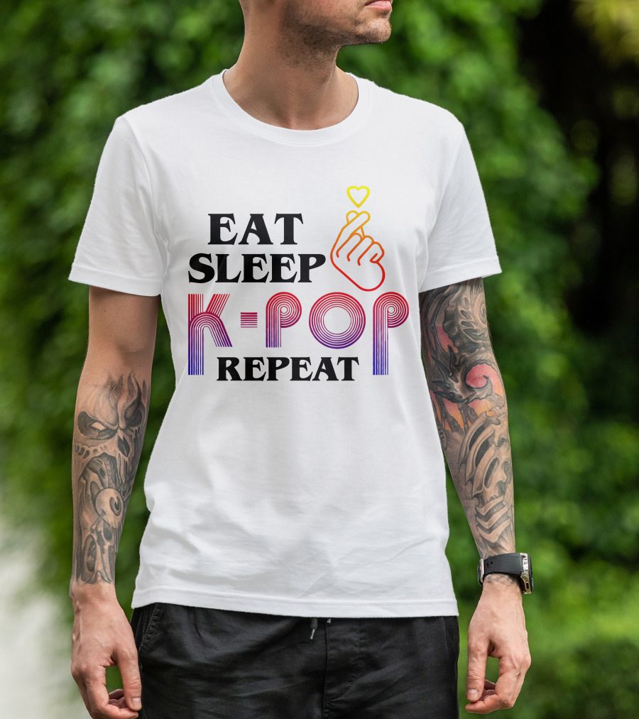 Eat Sleep K-Pop Repeat Finger Heart Gesture T-Shirt