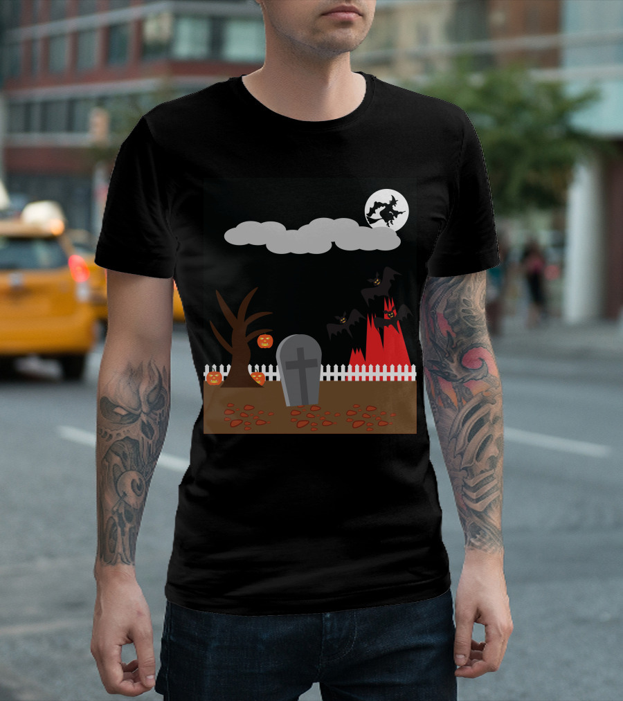 Witch and Bats Over Haunted Graveyard on Halloween Night T-Shirt