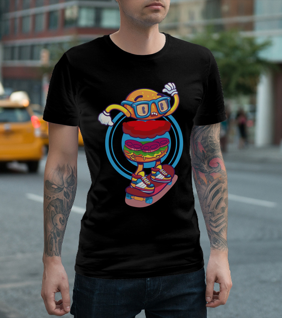Hamburger Skateboarding Cartoon Character with Sunglasses and Sneakers T-Shirt