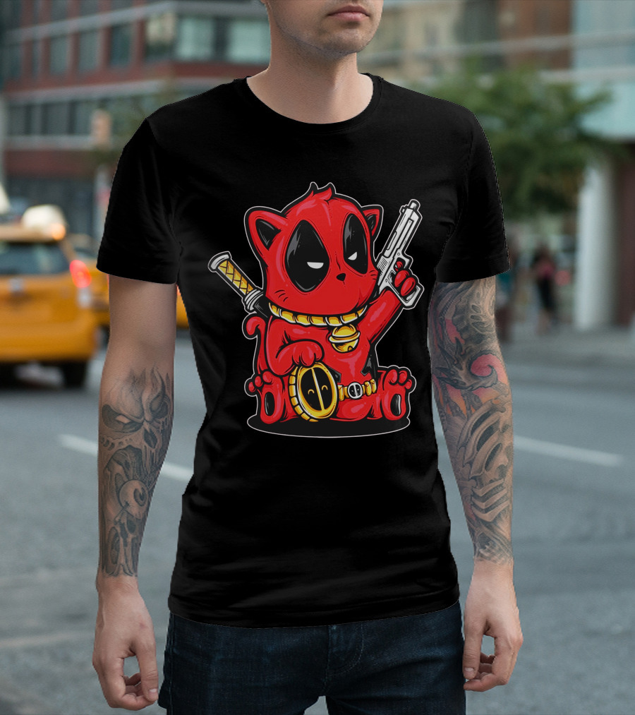 Kittypool Deadpool Cat Mashup With Gun And Sword T-Shirt