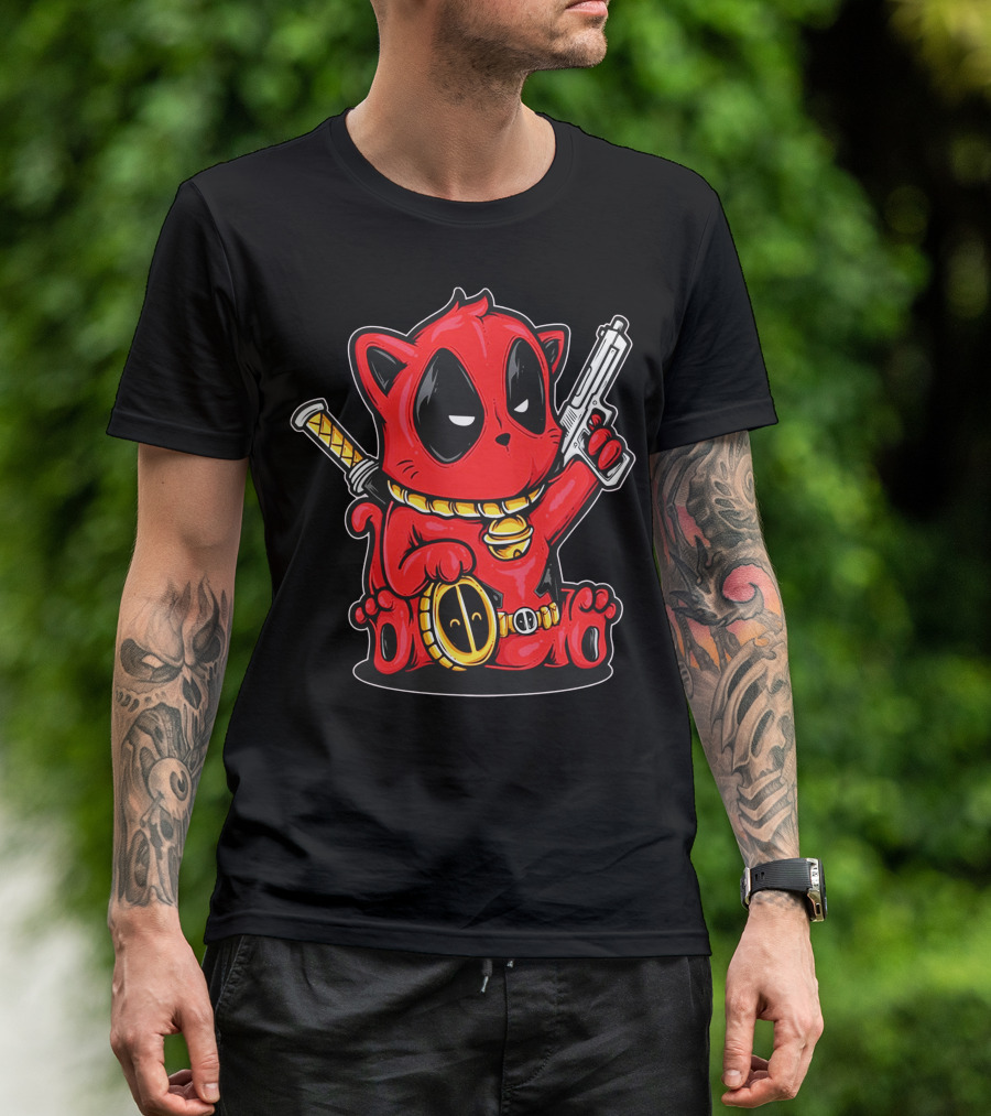 Kittypool Deadpool Cat Mashup With Gun And Sword T-Shirt