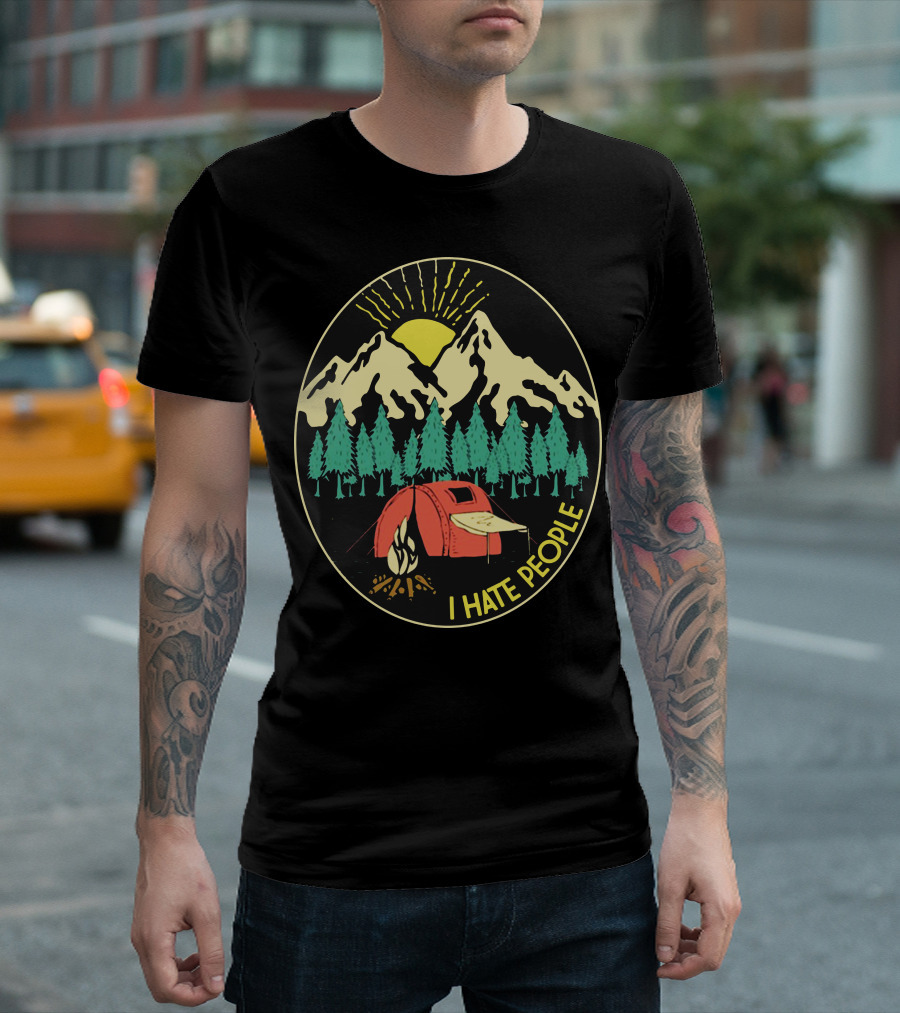 Camping I Hate People Mountains Tent Campfire Forest Sunburst T-Shirt