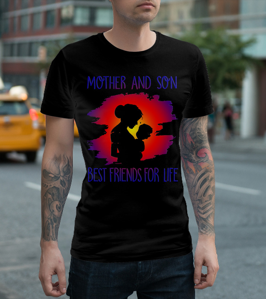 MOTHER AND SON BEST FRIENDS FOR LIFE Silhouette with Red Yellow Purple Background T-Shirt
