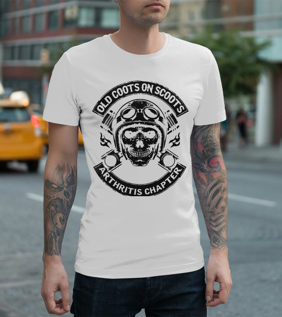 Old Coots On Scoots Arthritis Chapter Skull with Motorcycle Helmet and Piston Crossbones T-Shirt