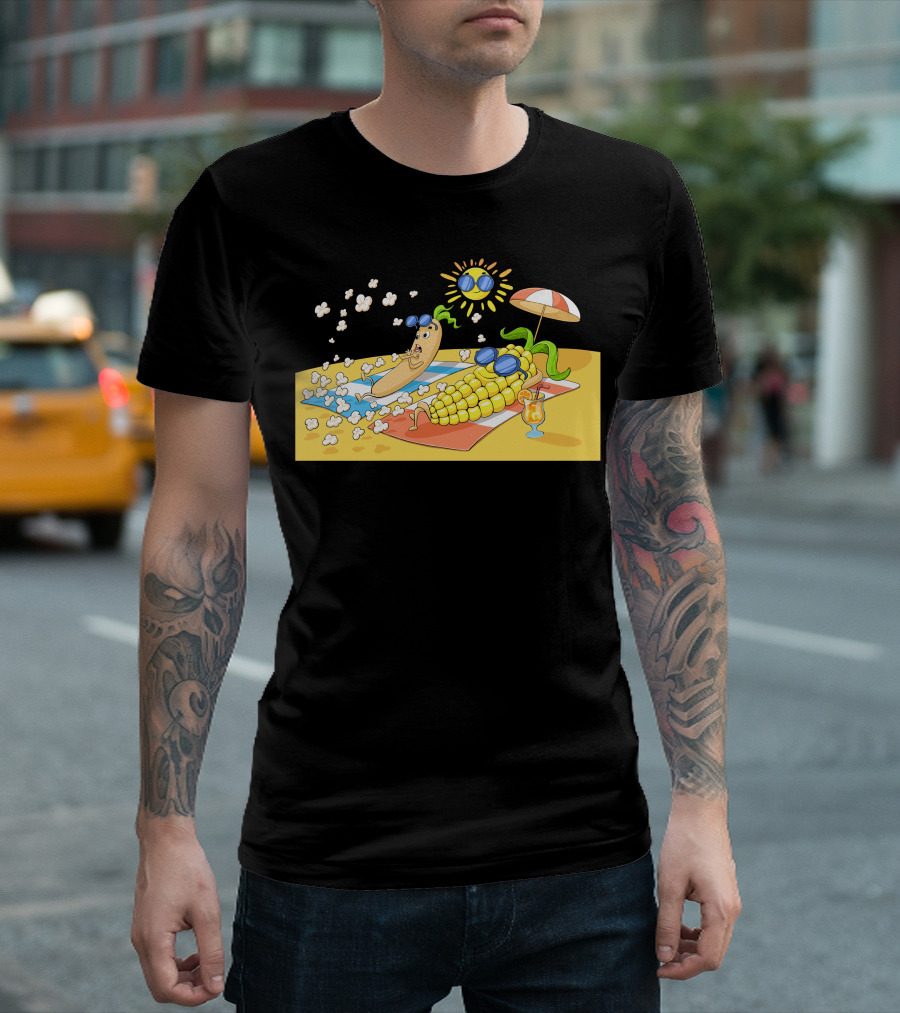 Popcorn Beach Fun Under The Sun With Sunglasses And Umbrella T-Shirt