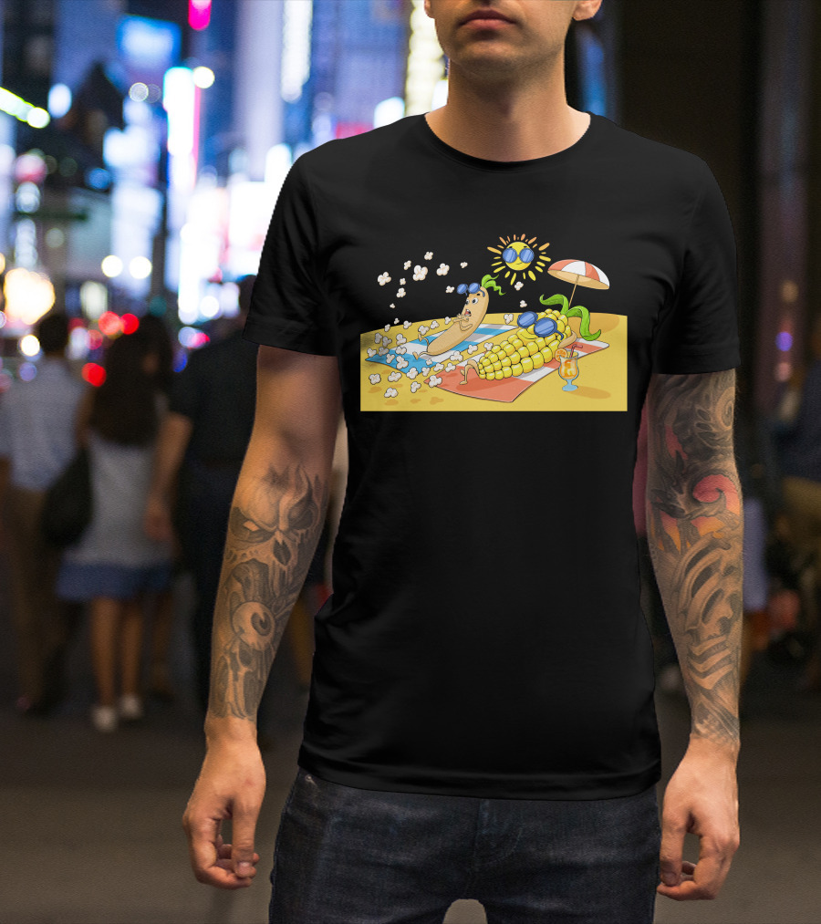 Popcorn Beach Fun Under The Sun With Sunglasses And Umbrella T-Shirt