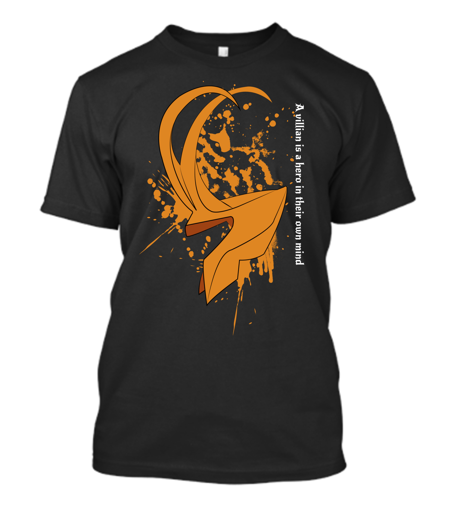 A Villain Is A Hero In Their Own Mind Loki Horned Helmet Design Dark Splatter T-Shirt