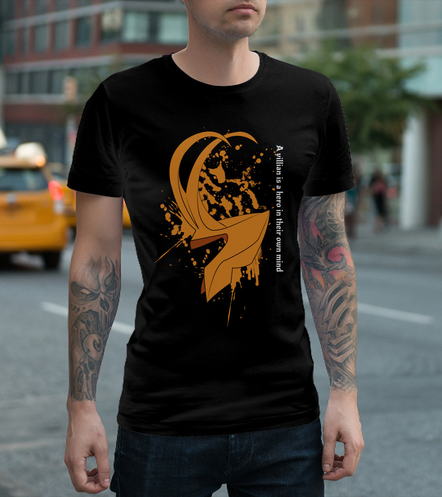 A Villain Is A Hero In Their Own Mind Loki Horned Helmet Design Dark Splatter T-Shirt