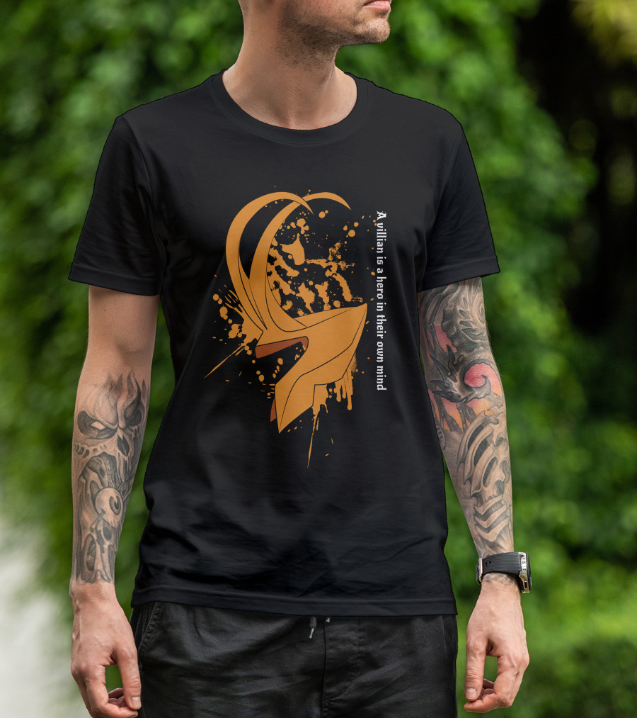 A Villain Is A Hero In Their Own Mind Loki Horned Helmet Design Dark Splatter T-Shirt