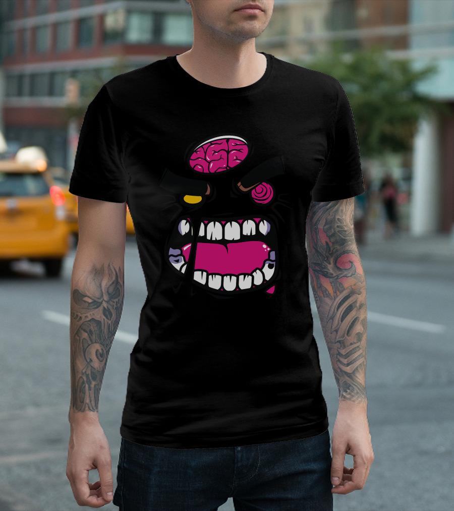 Angry Zombie Brain Exposed Eyes Bulging Teeth Bared T-Shirt