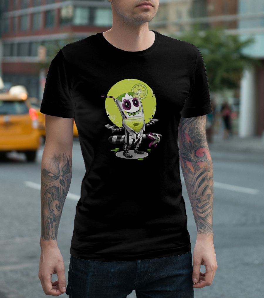 Beetle Juice Lime Drink Character with Striped Suit and Bat Features T-Shirt