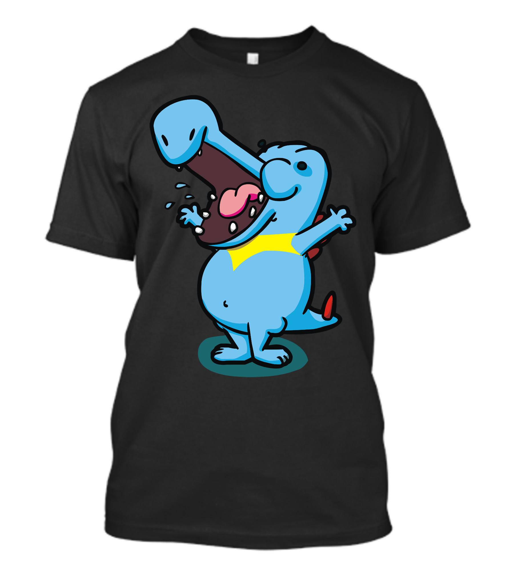 Funny Blue Crocodile Cartoon Eating With Open Mouth And Yellow Detail T-Shirt