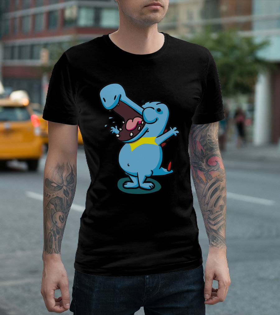 Funny Blue Crocodile Cartoon Eating With Open Mouth And Yellow Detail T-Shirt
