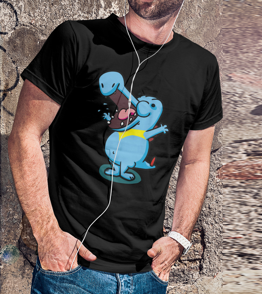 Funny Blue Crocodile Cartoon Eating With Open Mouth And Yellow Detail T-Shirt