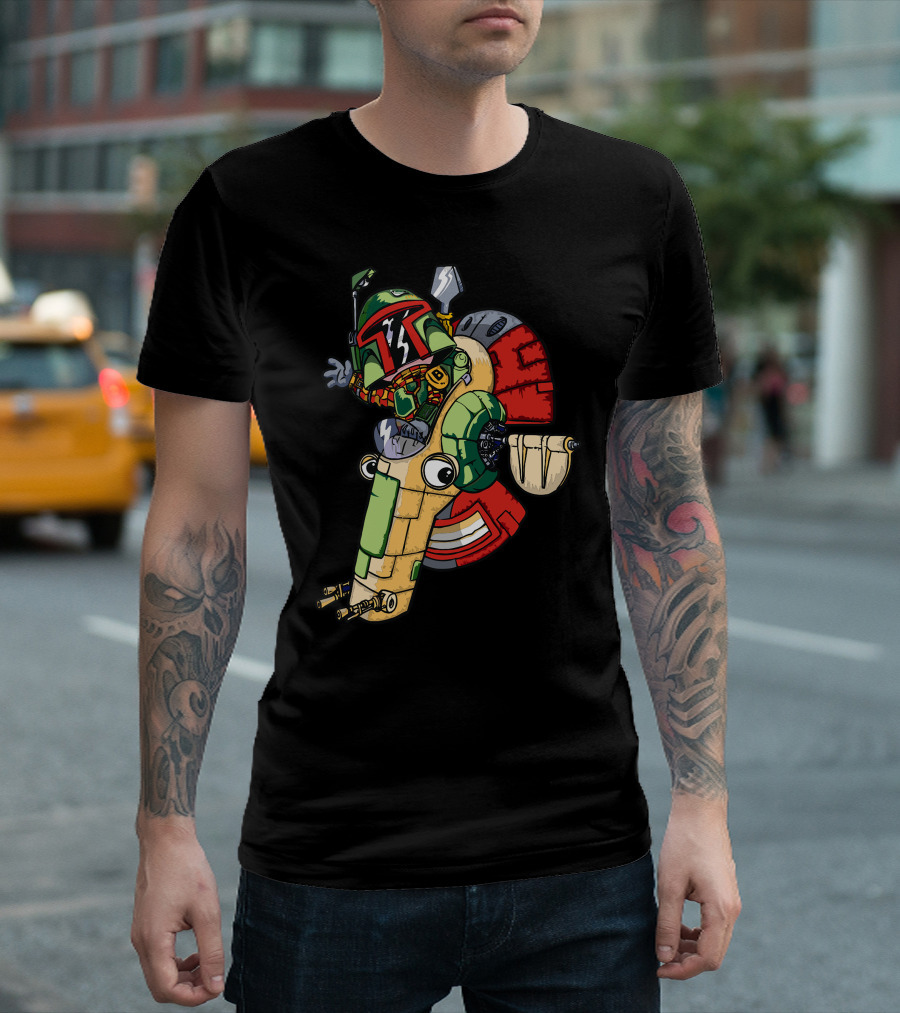 Boba Builder Meets Iconic Spacecraft in Whimsical Cartoon T-Shirt