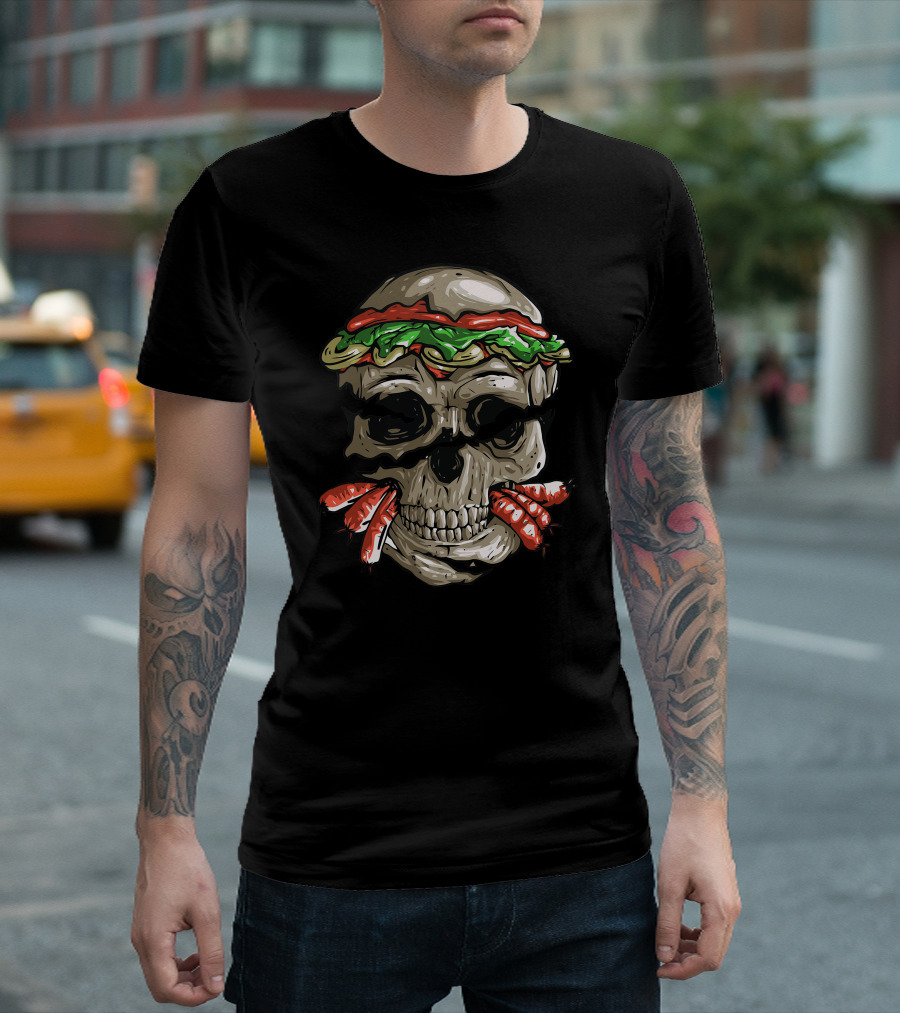 Burger Skull with Lettuce and Tomato Eyebrows and French Fries in Mouth T-Shirt