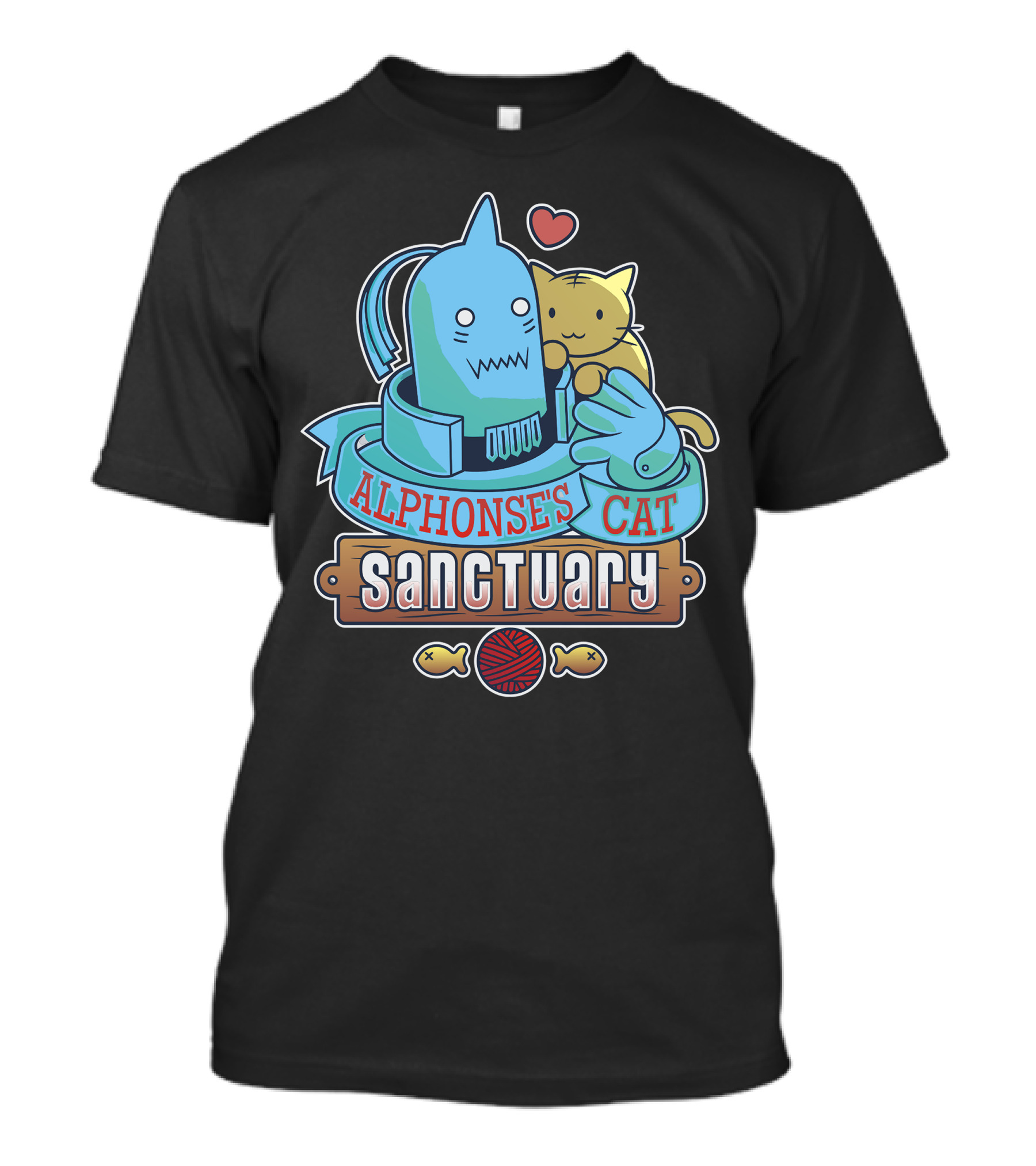 Alphonse's Cat Sanctuary Hugging Robot Heart Yarn Fish T-Shirt