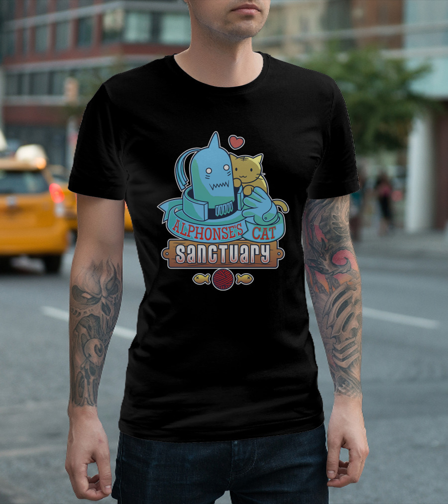 Alphonse's Cat Sanctuary Hugging Robot Heart Yarn Fish T-Shirt
