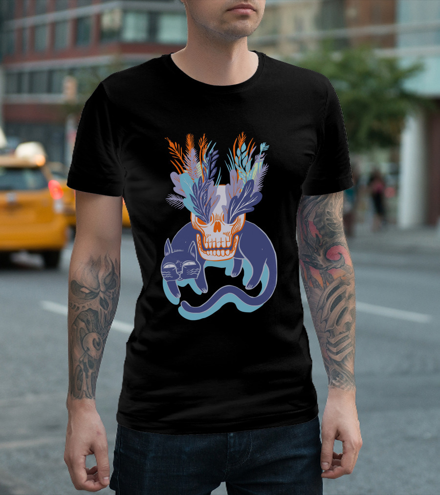 Cat Skull Floral Blue T-Shirt