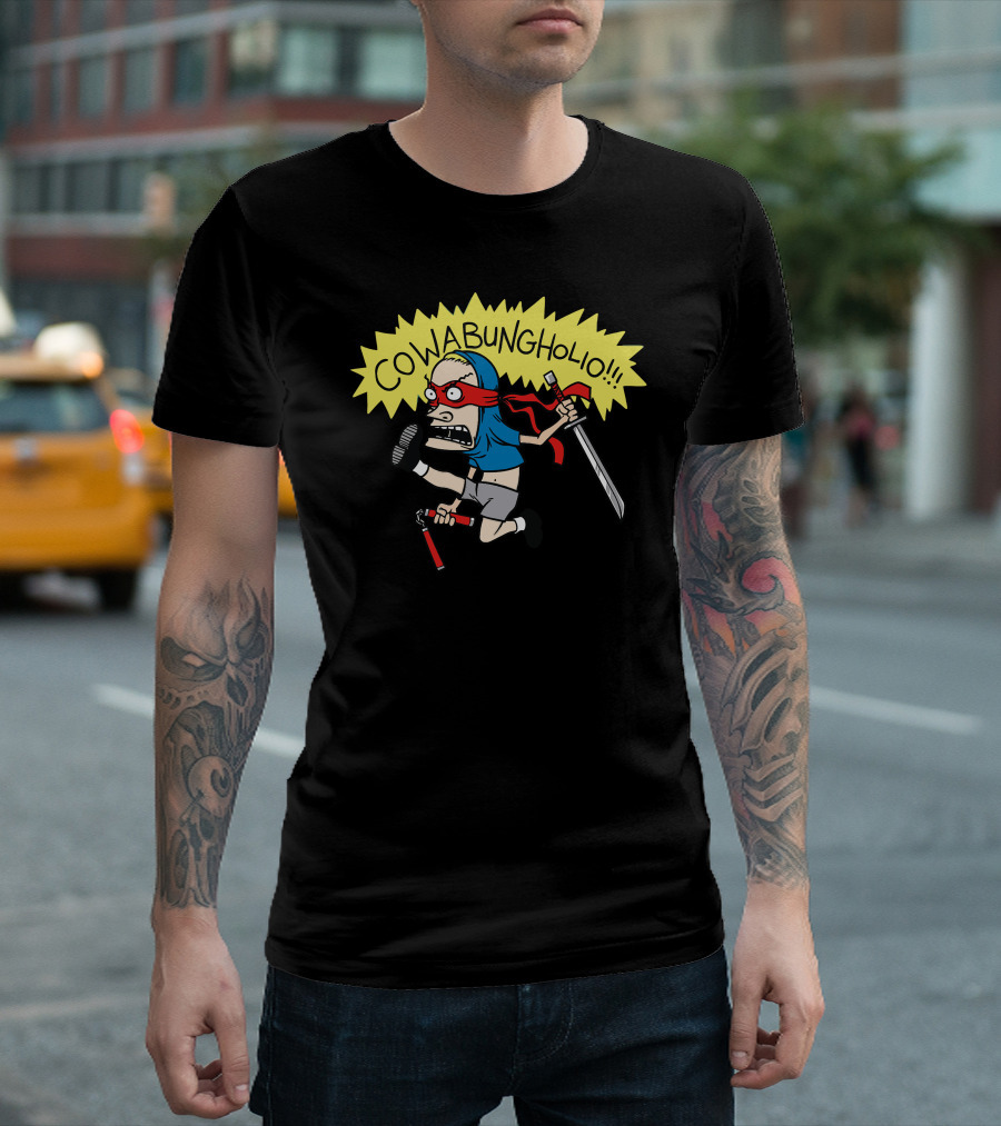 Cowabungholio Ninja Parody Character with Nunchucks and Sword T-Shirt