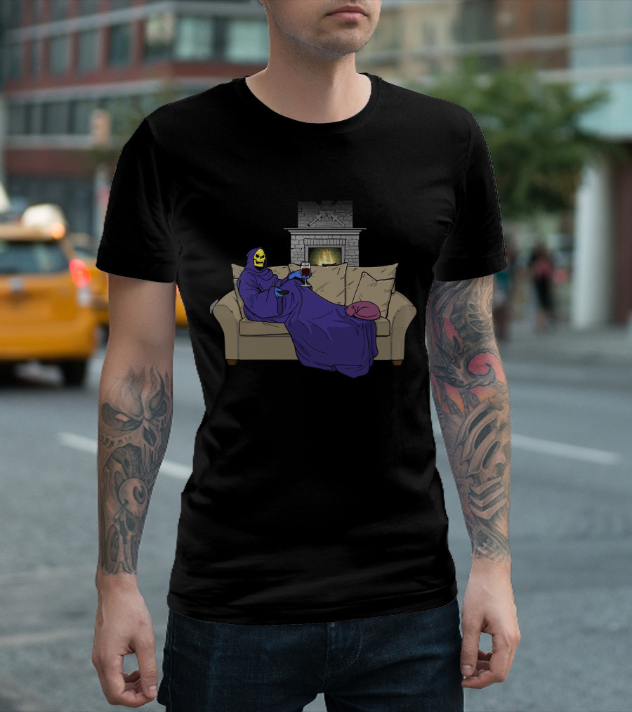 Cozy Skeletor Relaxing by Fireplace on Snake Mountain with Wine and Cat T-Shirt