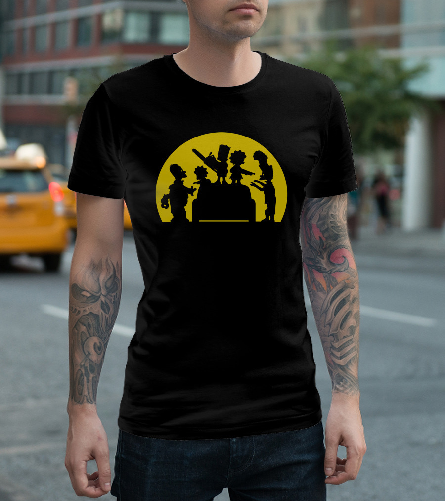 Doh Zombies Bart Chainsaw Silhouette Against Yellow Circle T-Shirt