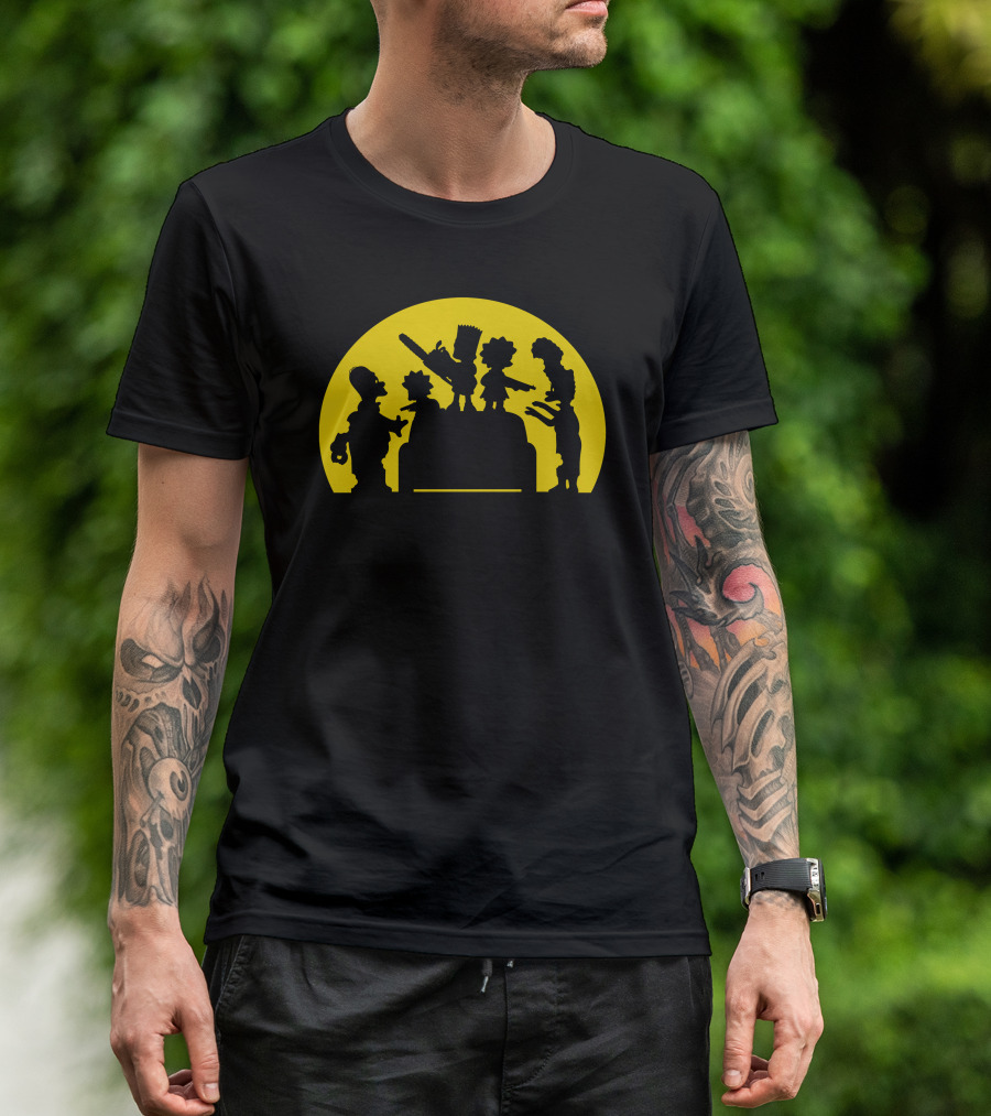 Doh Zombies Bart Chainsaw Silhouette Against Yellow Circle T-Shirt