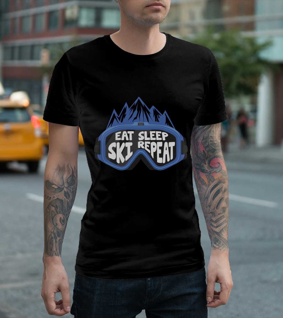 Eat Sleep Ski Repeat Blue Goggles And Mountain Motif T-Shirt