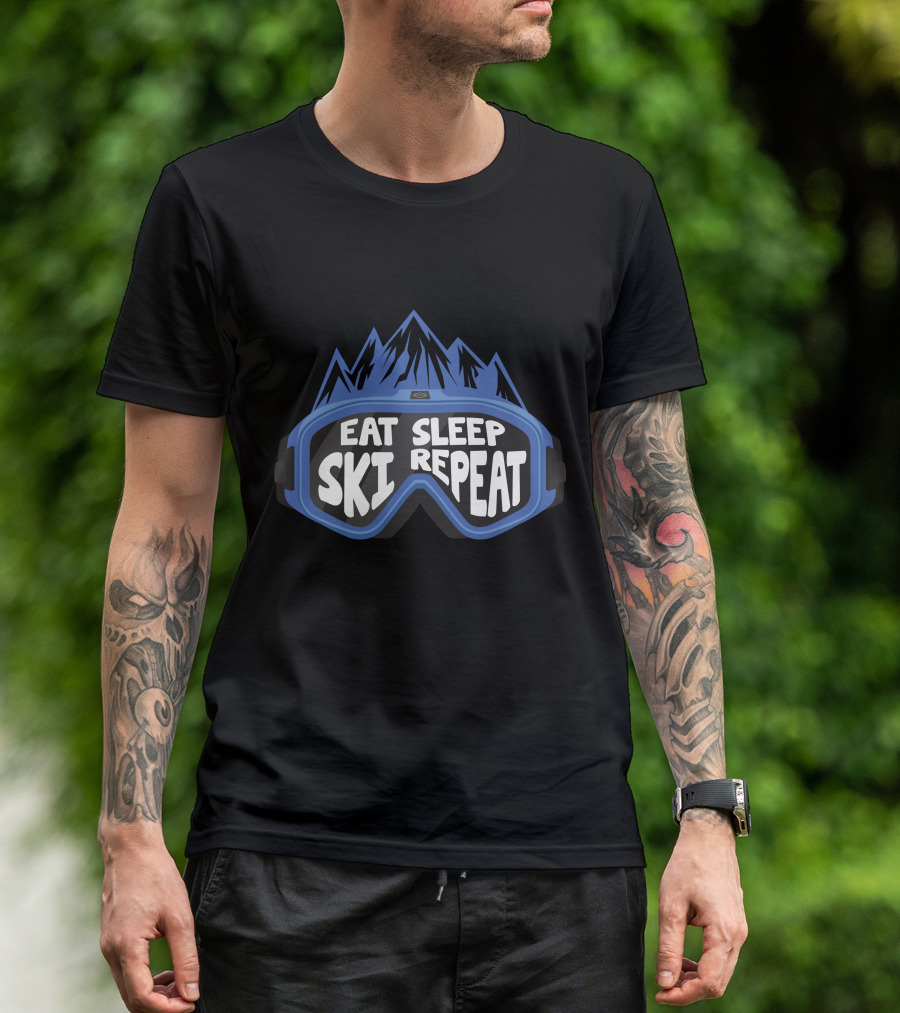 Eat Sleep Ski Repeat Blue Goggles And Mountain Motif T-Shirt