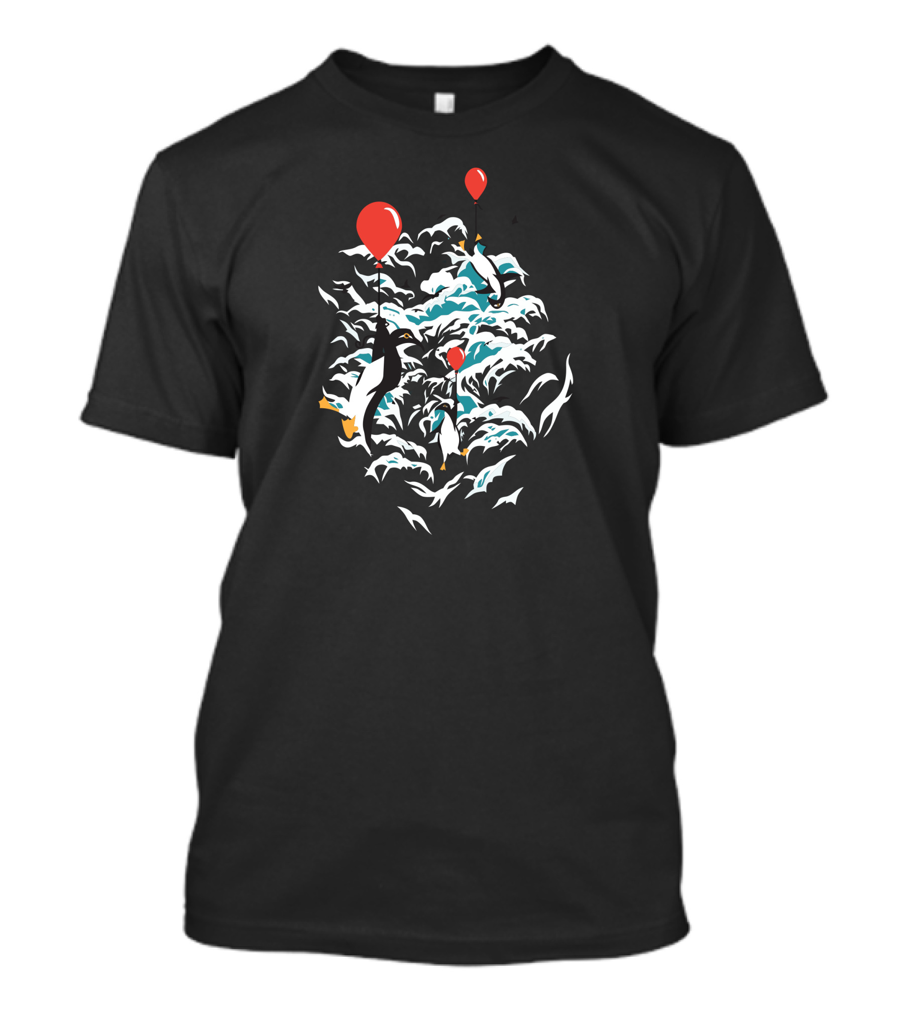 Floating Penguins With Red Balloons In Waves T-Shirt