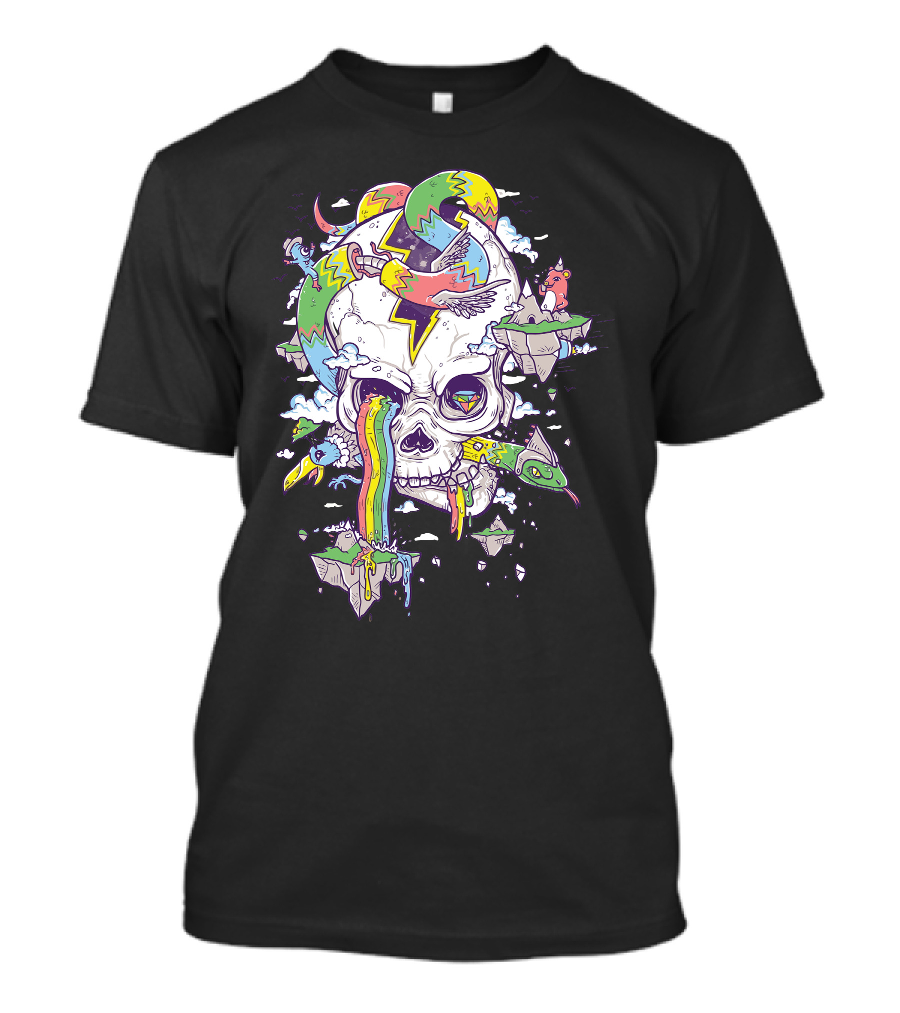 Flying Rainbow Skull With Floating Islands And Birds T-Shirt