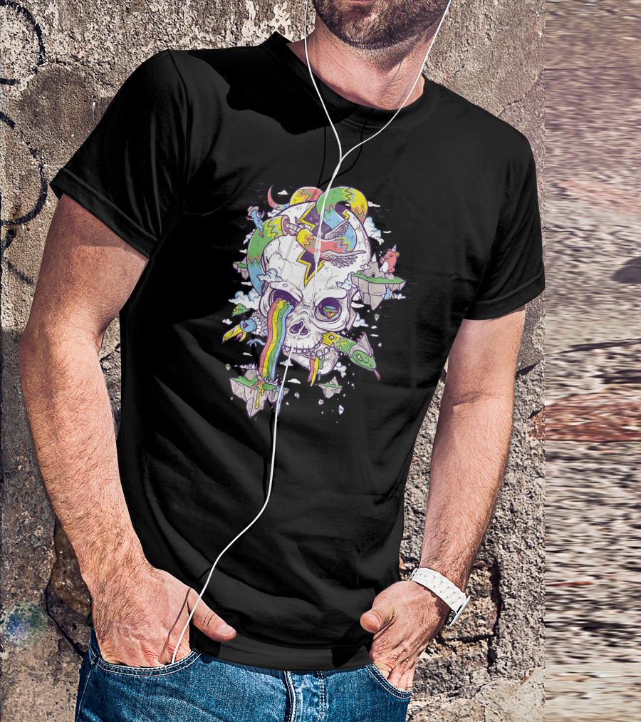 Flying Rainbow Skull With Floating Islands And Birds T-Shirt