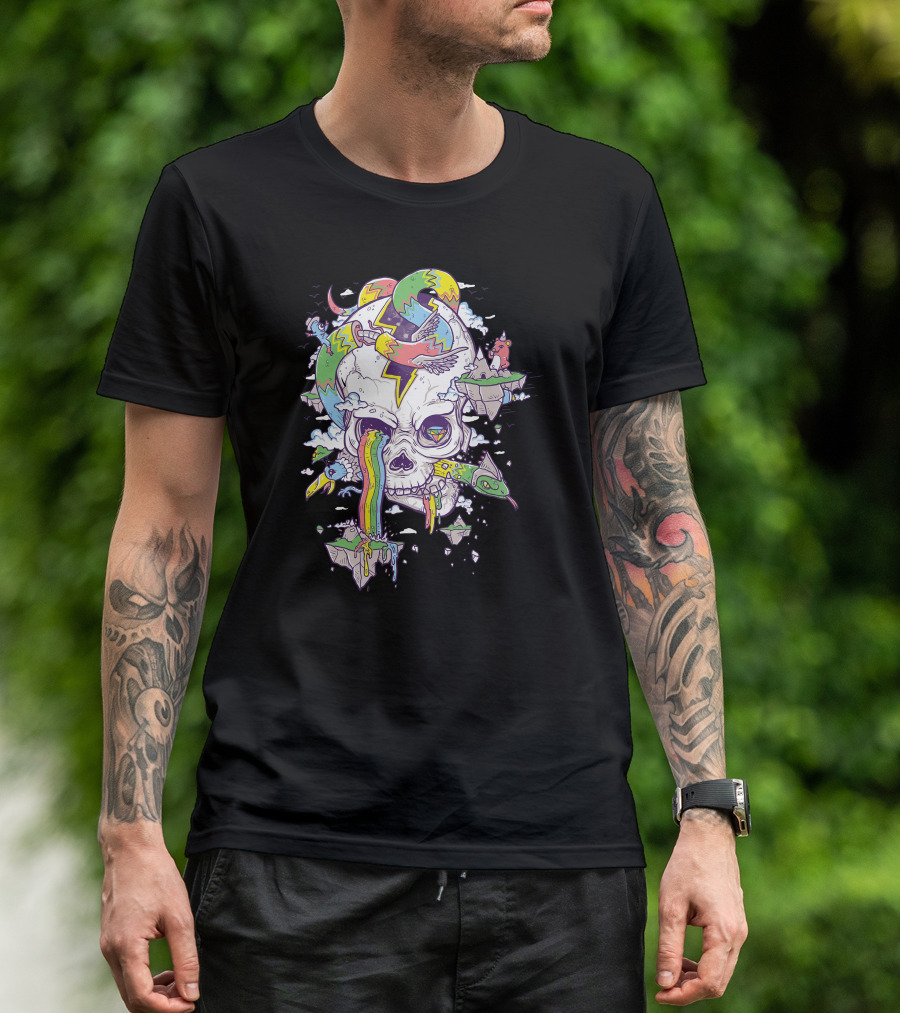 Flying Rainbow Skull With Floating Islands And Birds T-Shirt