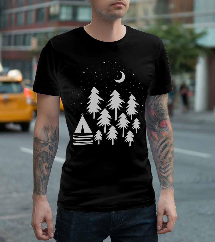 Forest White Crescent Moon Night with Stars and Trees T-Shirt
