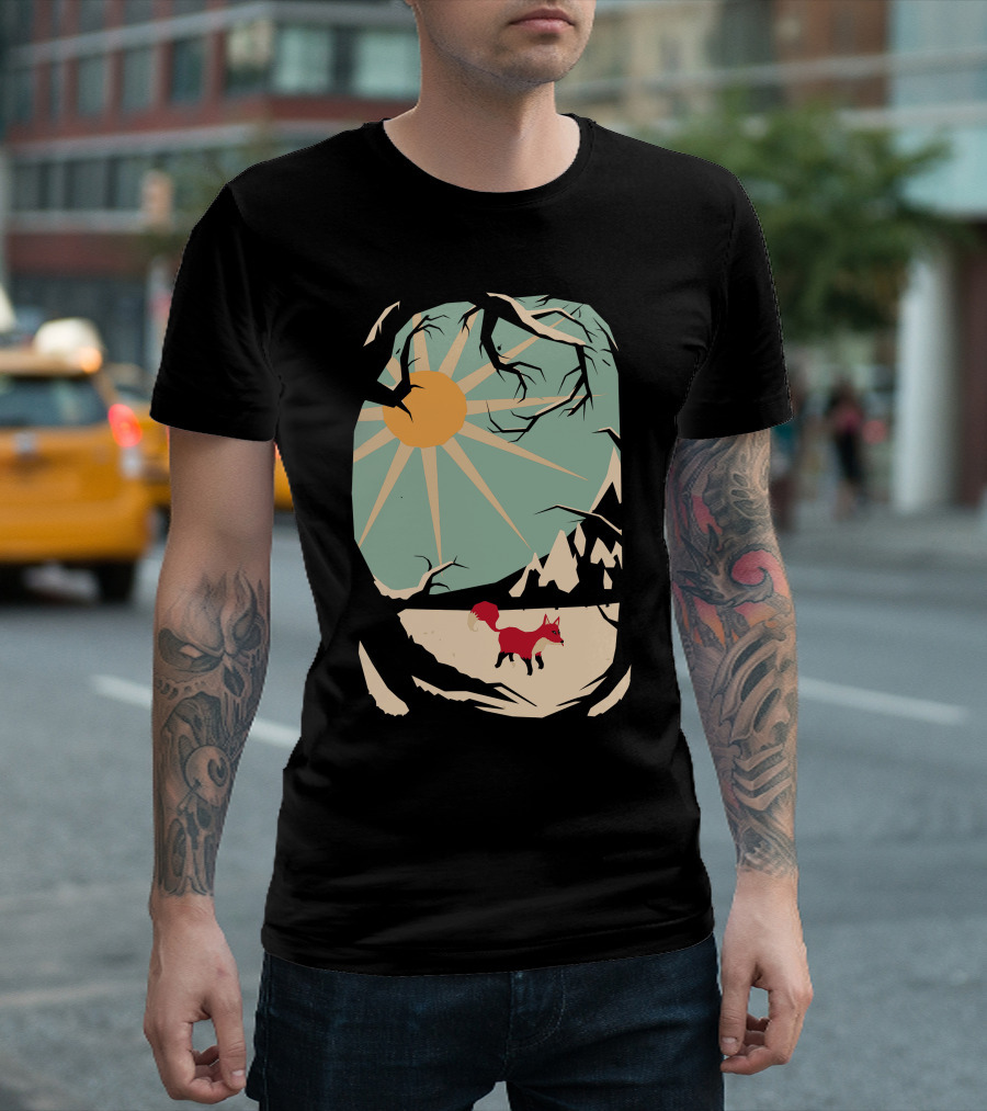 Fox Under Sunlit Forest With Mountains T-Shirt