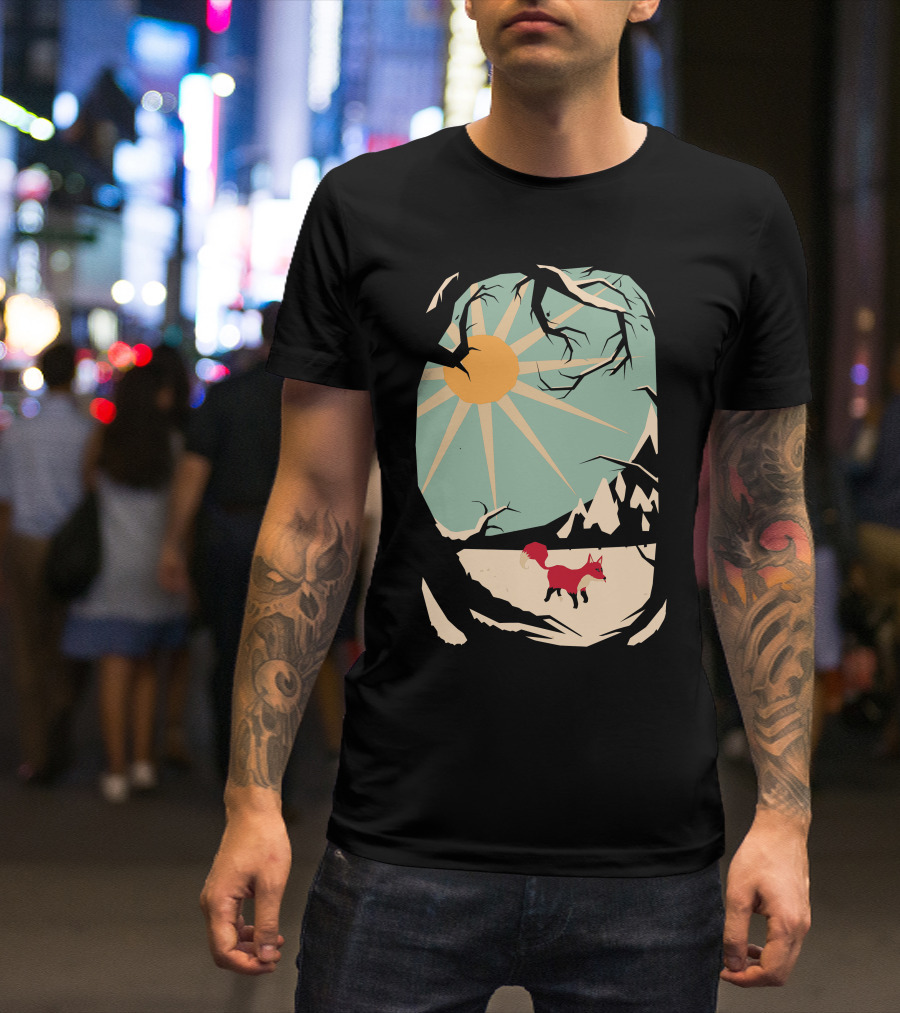 Fox Under Sunlit Forest With Mountains T-Shirt