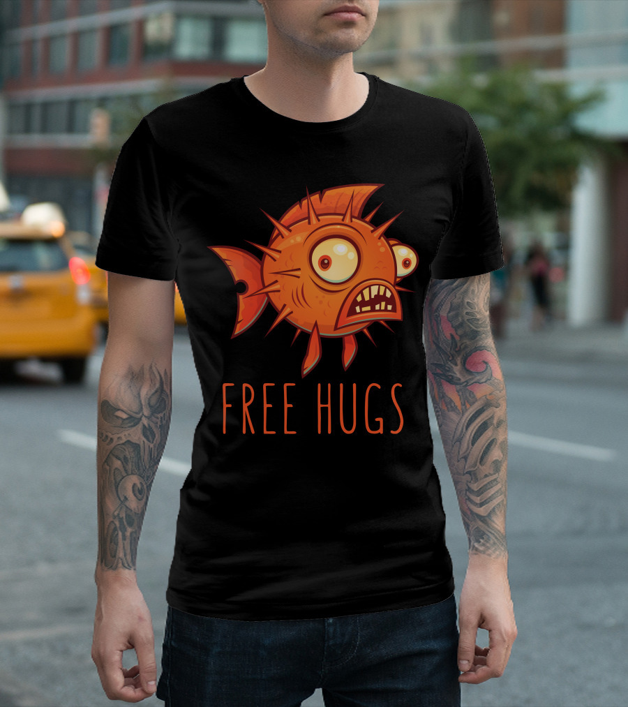 Free Hugs Spiky Cartoon Blowfish T-Shirt