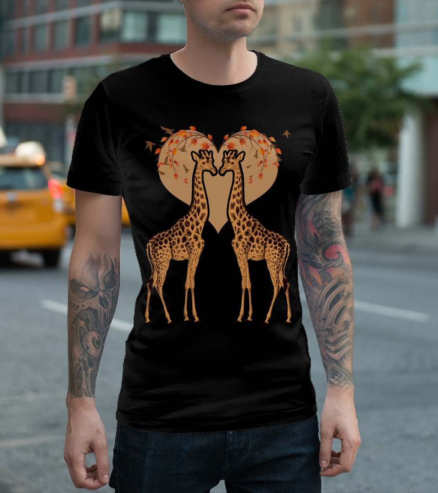Giraffe Love Autumn Heart Leaves T-Shirt